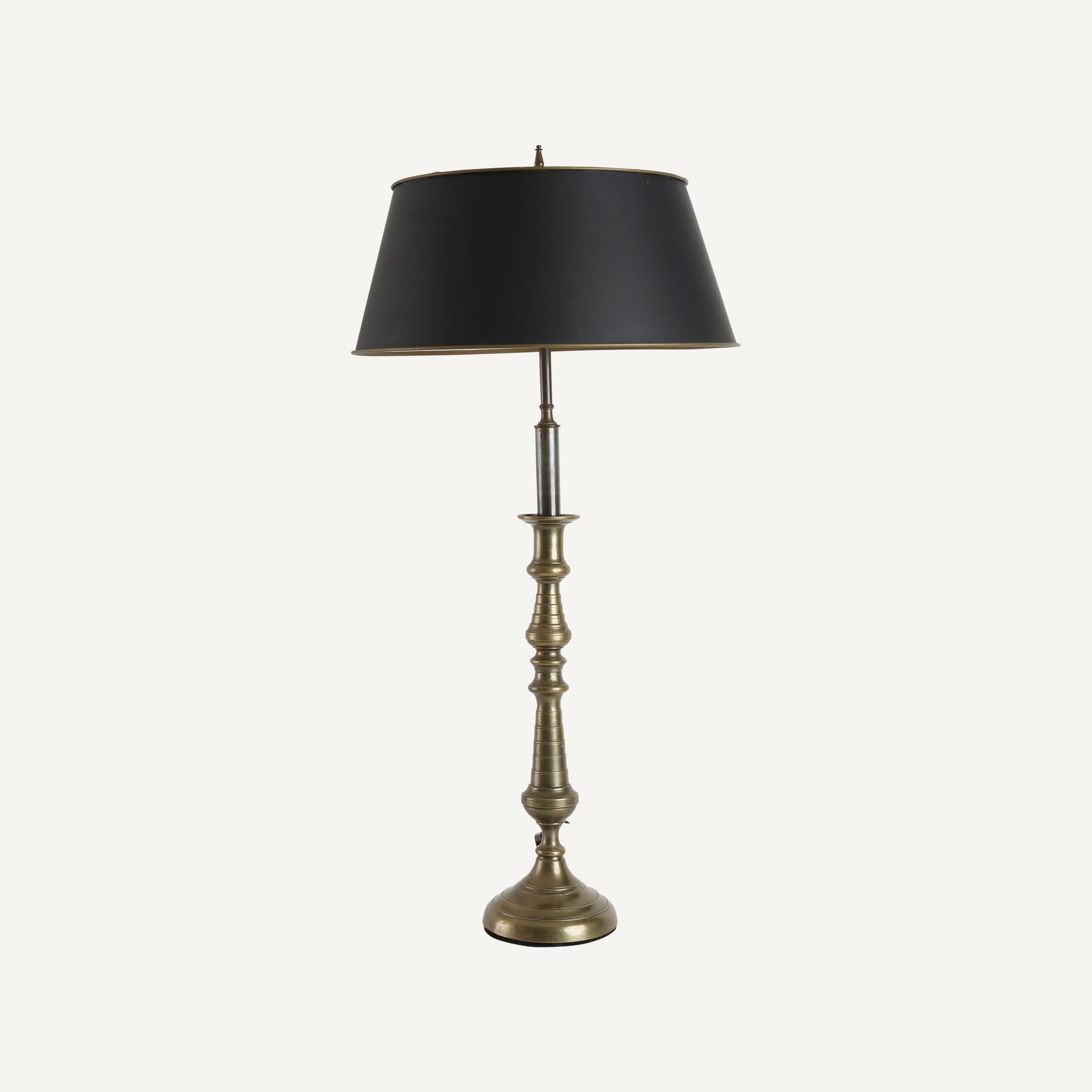 ANTIQUE BRASS LAMP WITH BLACK PAPER SHADE – PLAIN GOODS